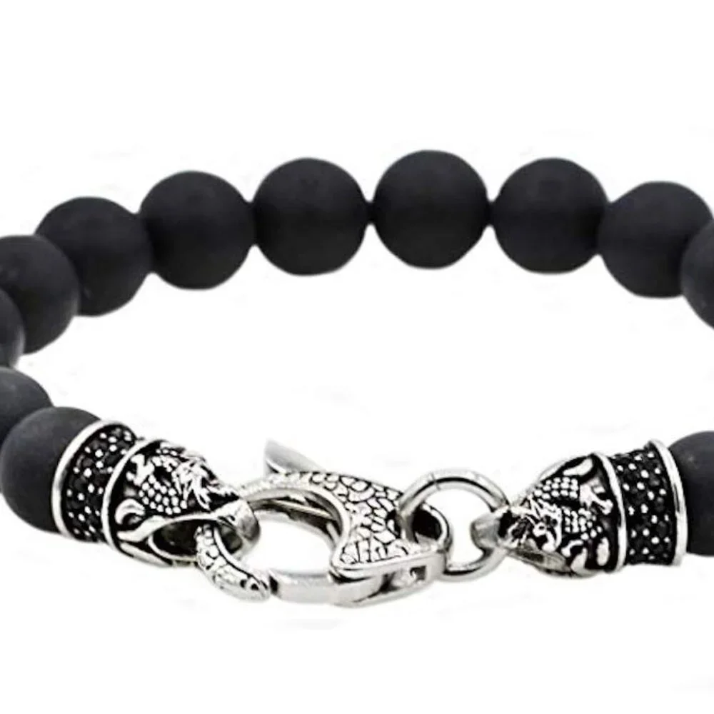 NWOT Blackjack Genuine Gemstone Stainless Steel Bead Bracelet Matte Black Onyx